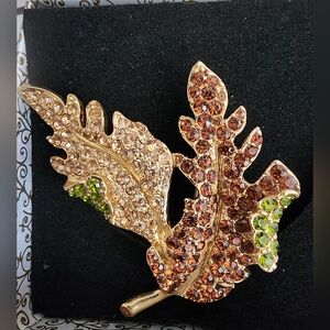 Kenneth Jay Lane Amber / Yellow Crystal / Peridot Green Crystal Two Leaf Vintage